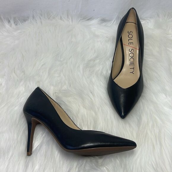 Sole Society Luneira Black Leather Stiletto Pointed Toe Heels Sz 7 - Picture 1 of 8
